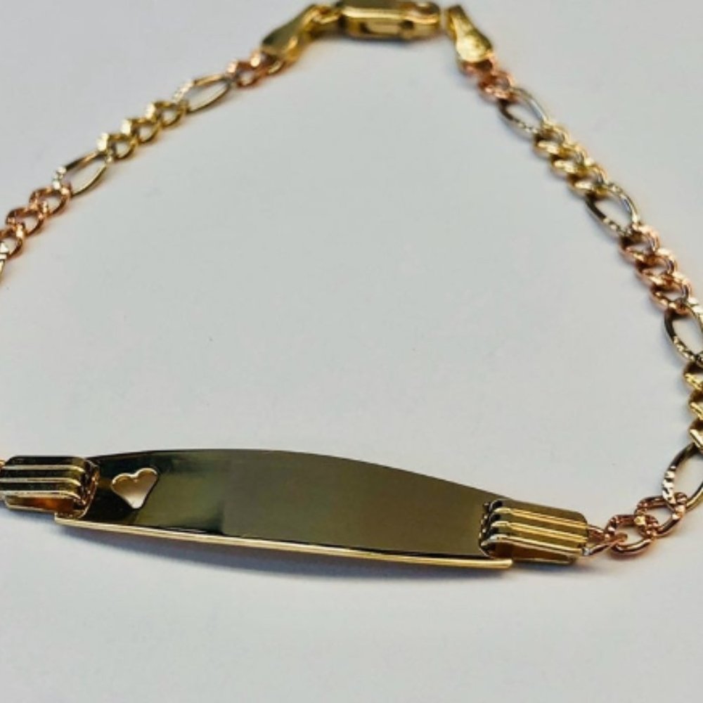 14k Gold Figaro Heart Baby Id Bracelet Gem